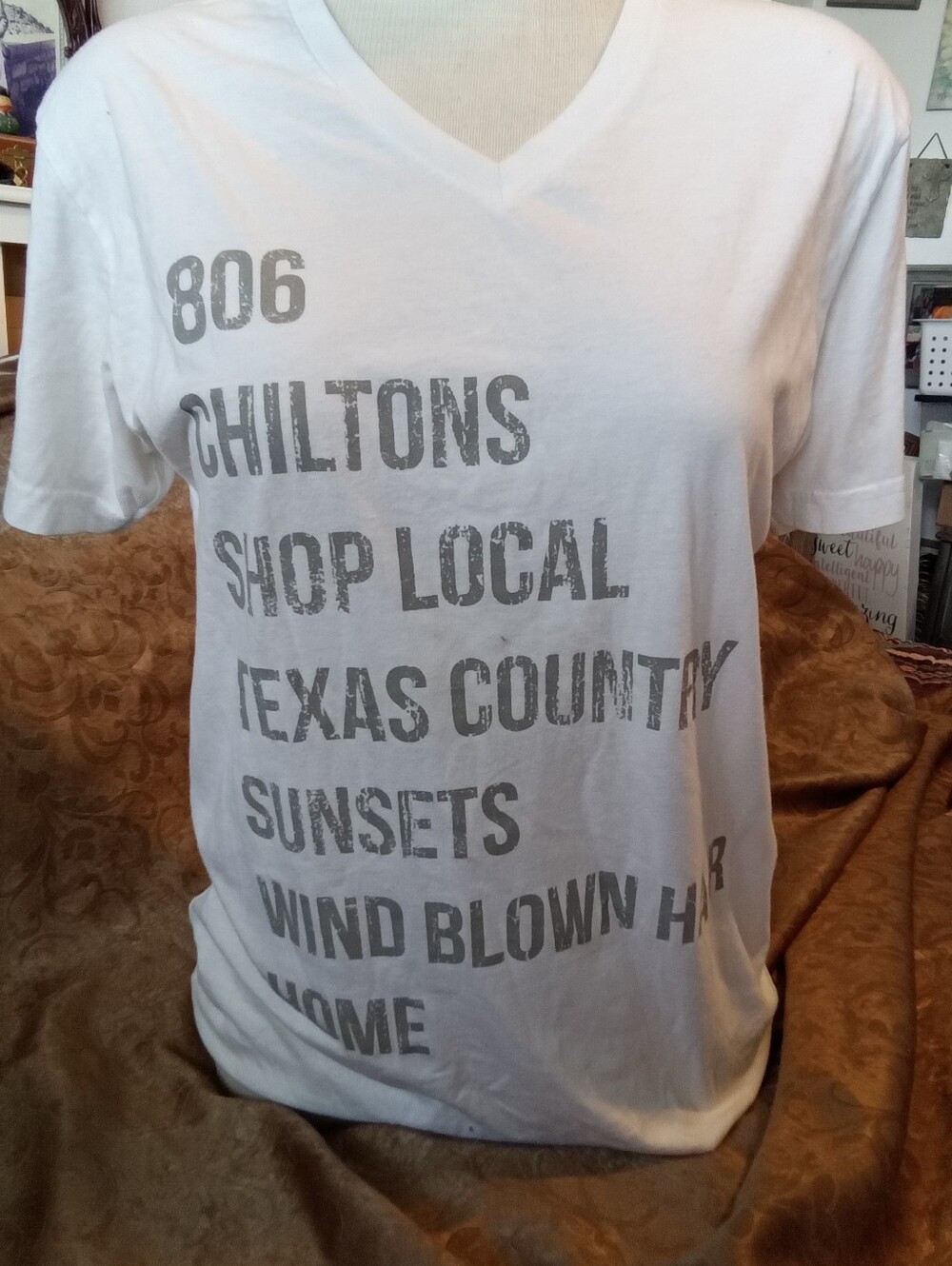 #655 White V-Neck Graphic Tee with Gray Text